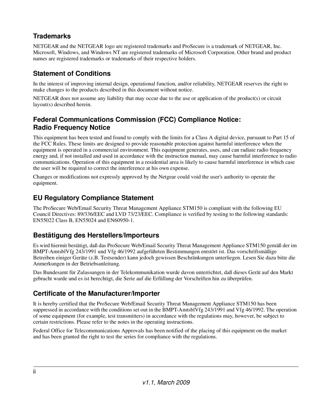 NETGEAR STM150EW3-100NAS manual Trademarks, Statement of Conditions, EU Regulatory Compliance Statement 