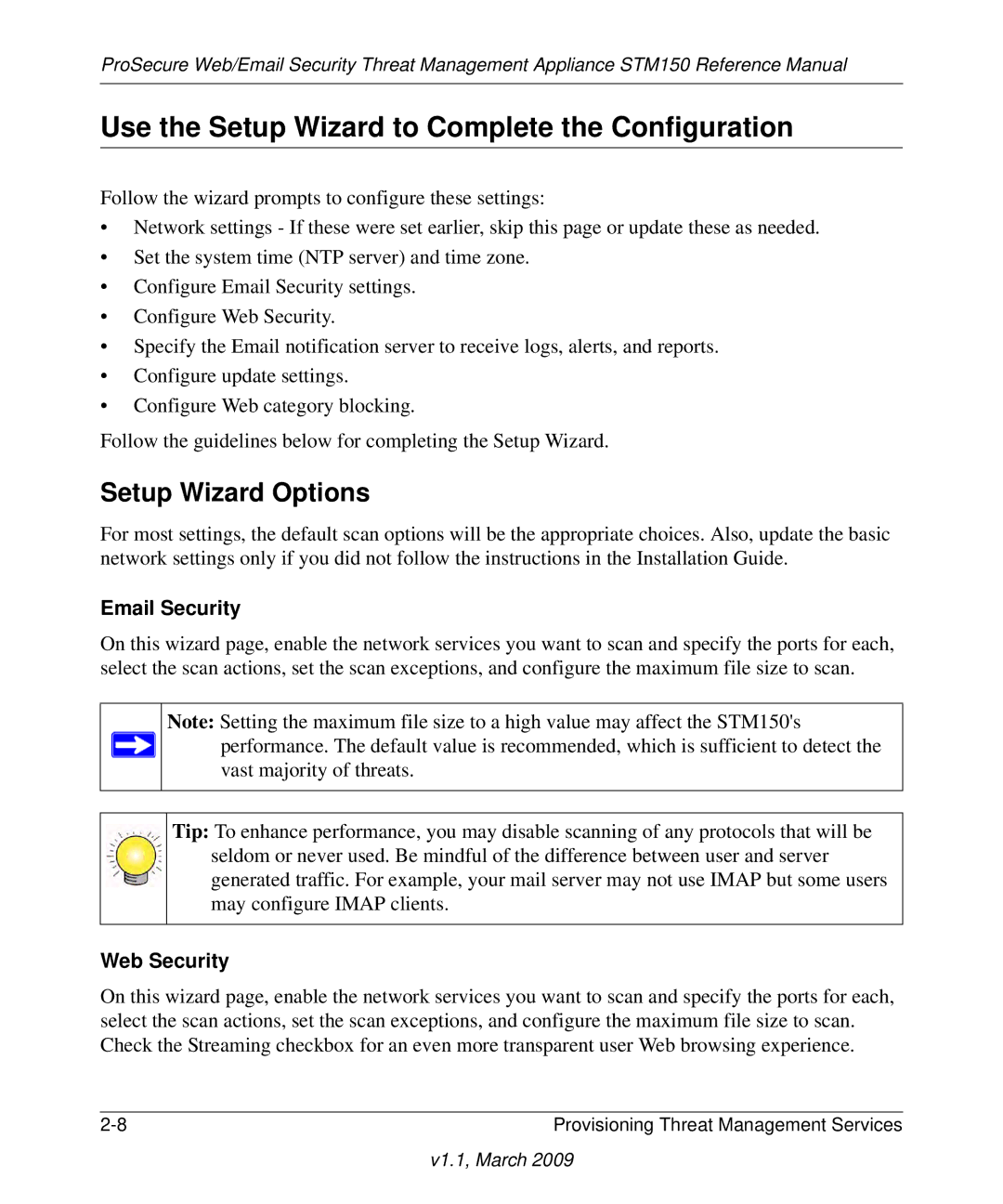 NETGEAR STM150EW3-100NAS manual Use the Setup Wizard to Complete the Configuration, Setup Wizard Options, Email Security 