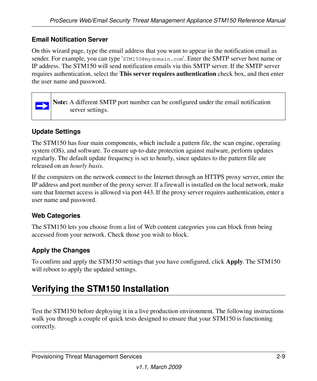 NETGEAR STM150EW3-100NAS Verifying the STM150 Installation, Email Notification Server, Update Settings, Web Categories 