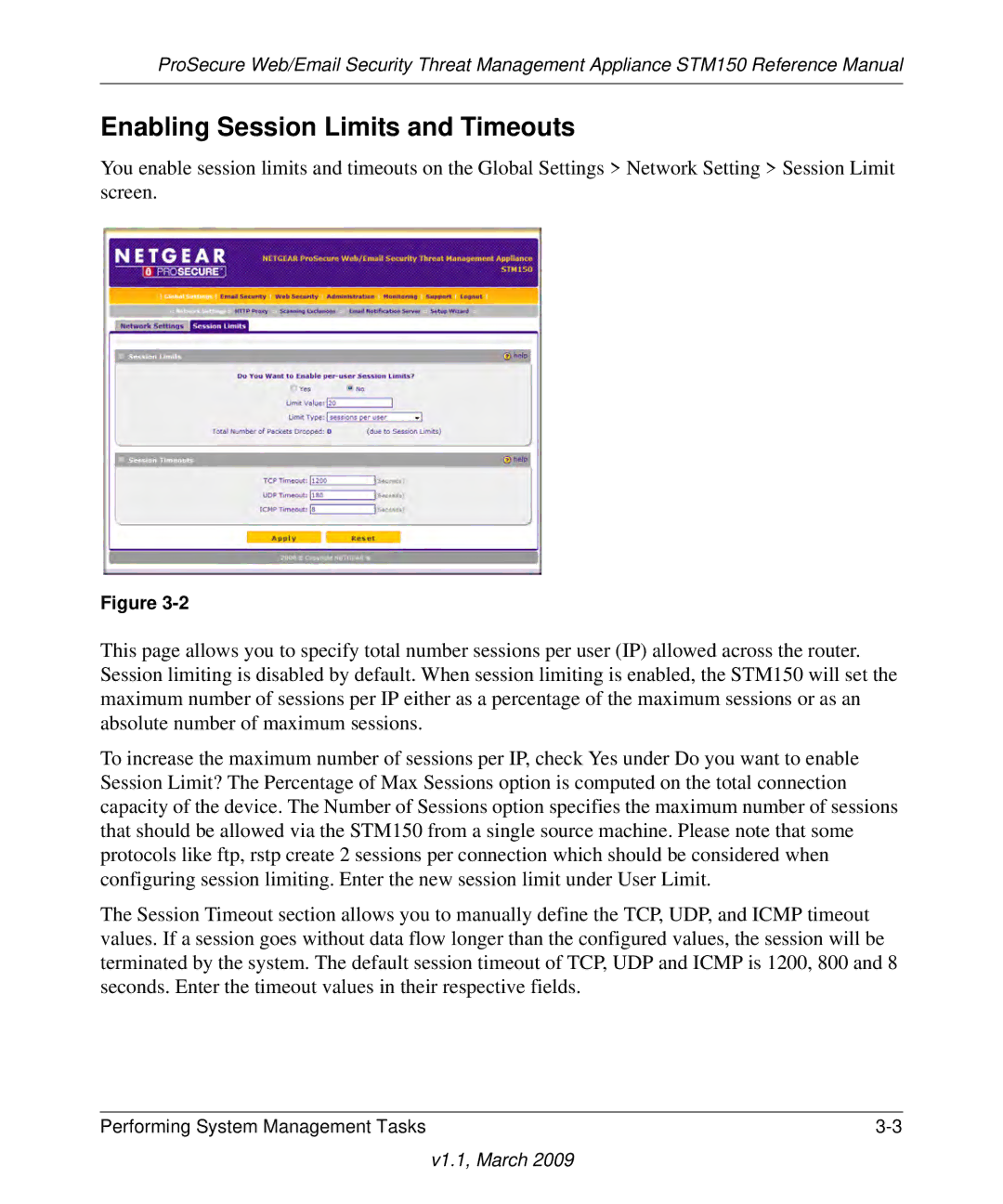 NETGEAR STM150EW3-100NAS manual Enabling Session Limits and Timeouts 