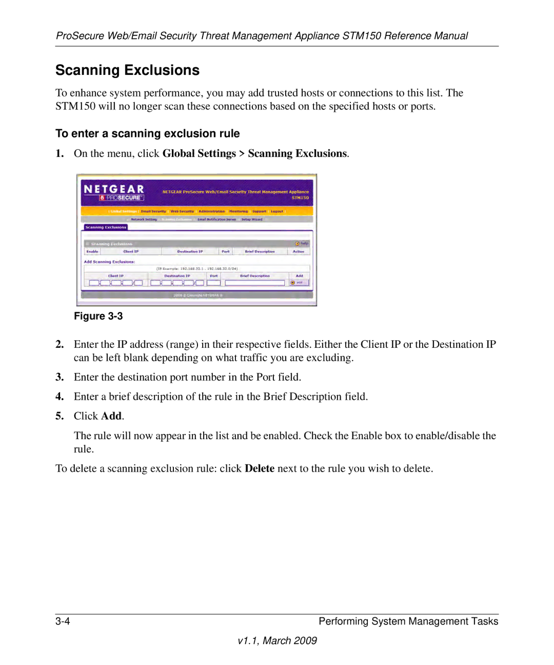 NETGEAR STM150EW3-100NAS manual Scanning Exclusions, To enter a scanning exclusion rule 