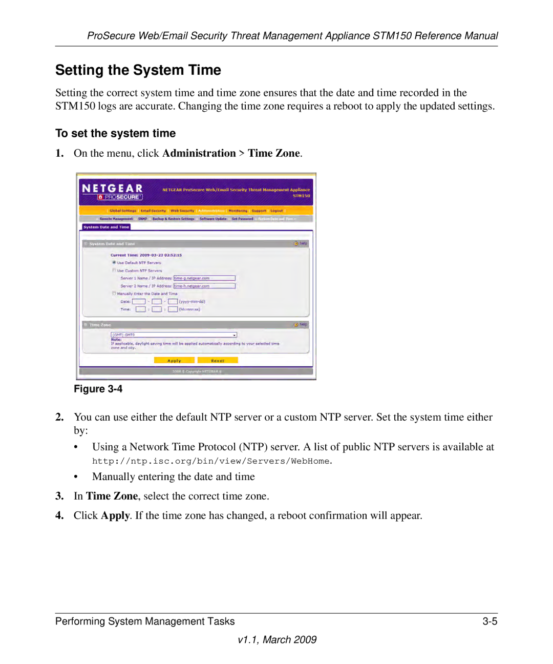 NETGEAR STM150EW3-100NAS Setting the System Time, To set the system time, On the menu, click Administration Time Zone 