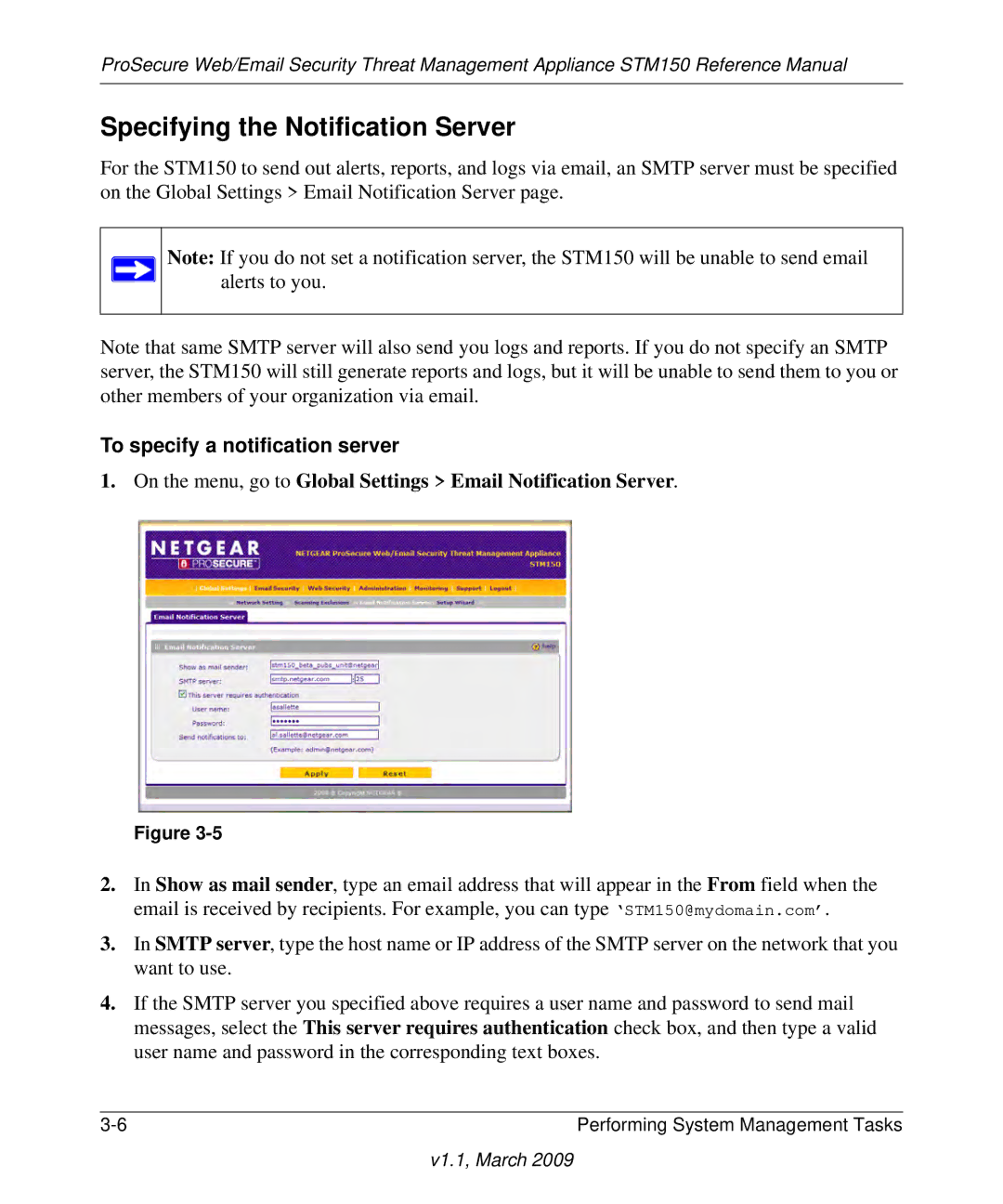 NETGEAR STM150EW3-100NAS manual Specifying the Notification Server, To specify a notification server 