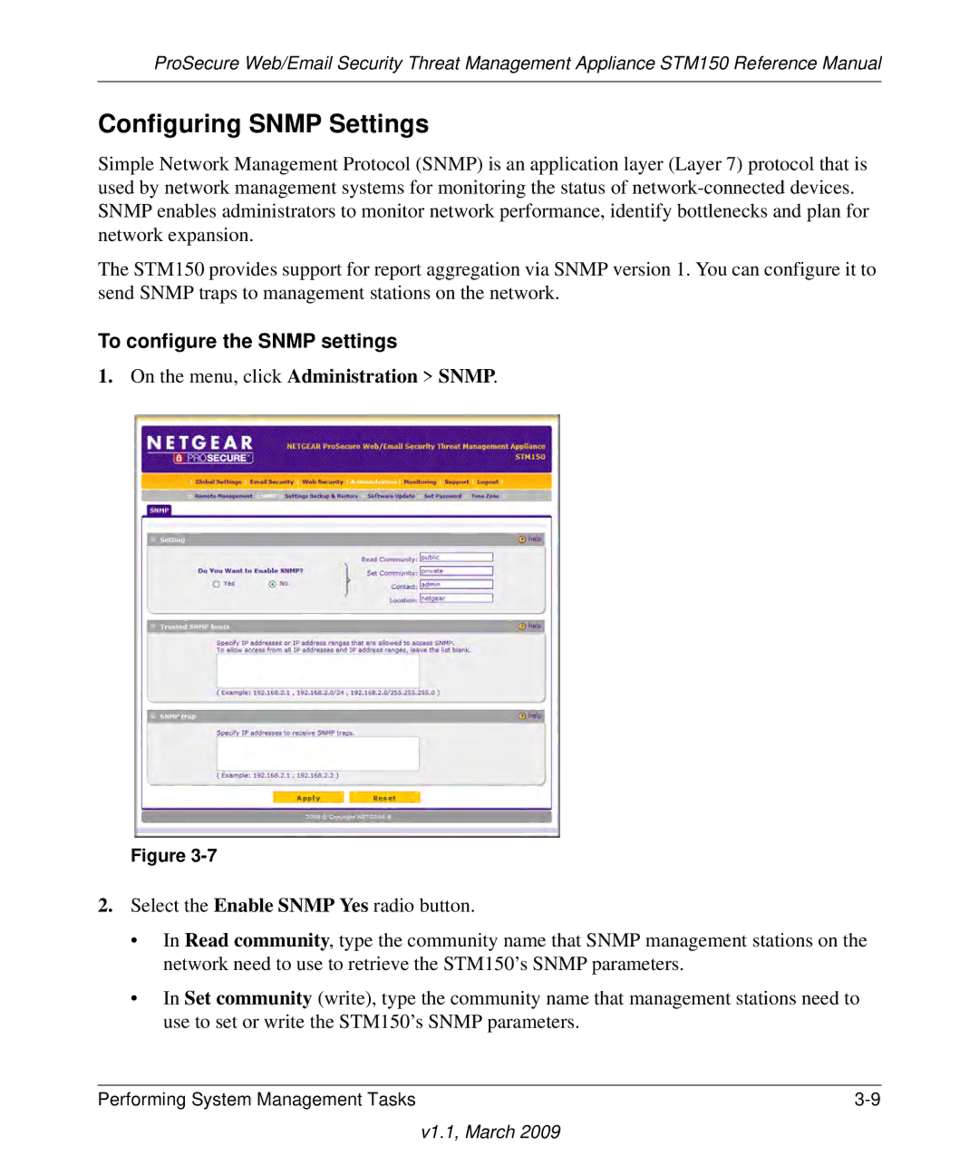 NETGEAR STM150EW3-100NAS Configuring Snmp Settings, To configure the Snmp settings, On the menu, click Administration Snmp 