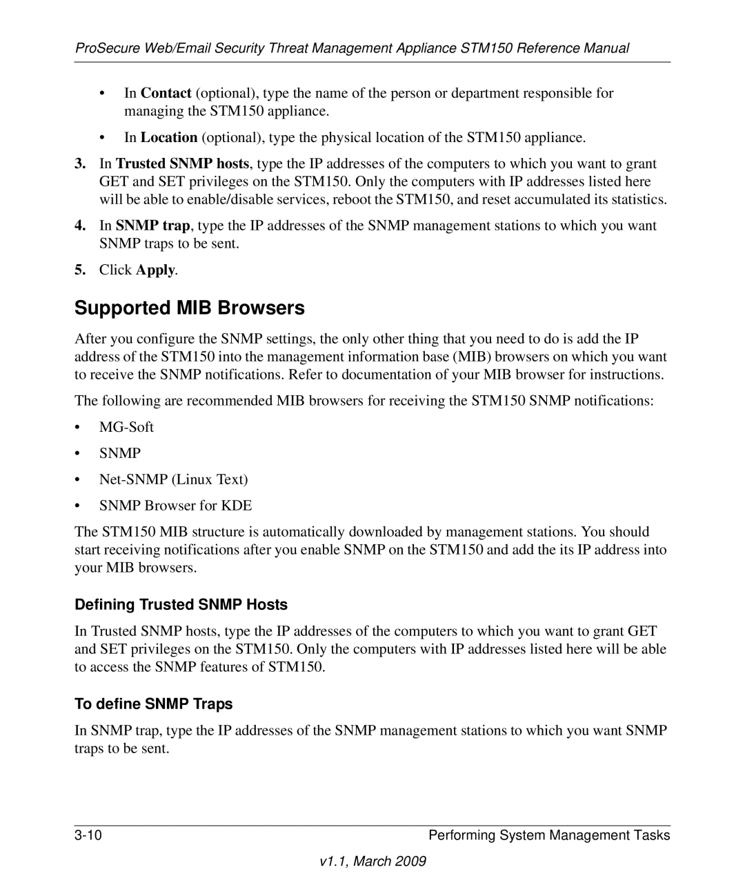 NETGEAR STM150EW3-100NAS manual Supported MIB Browsers, Defining Trusted Snmp Hosts, To define Snmp Traps 