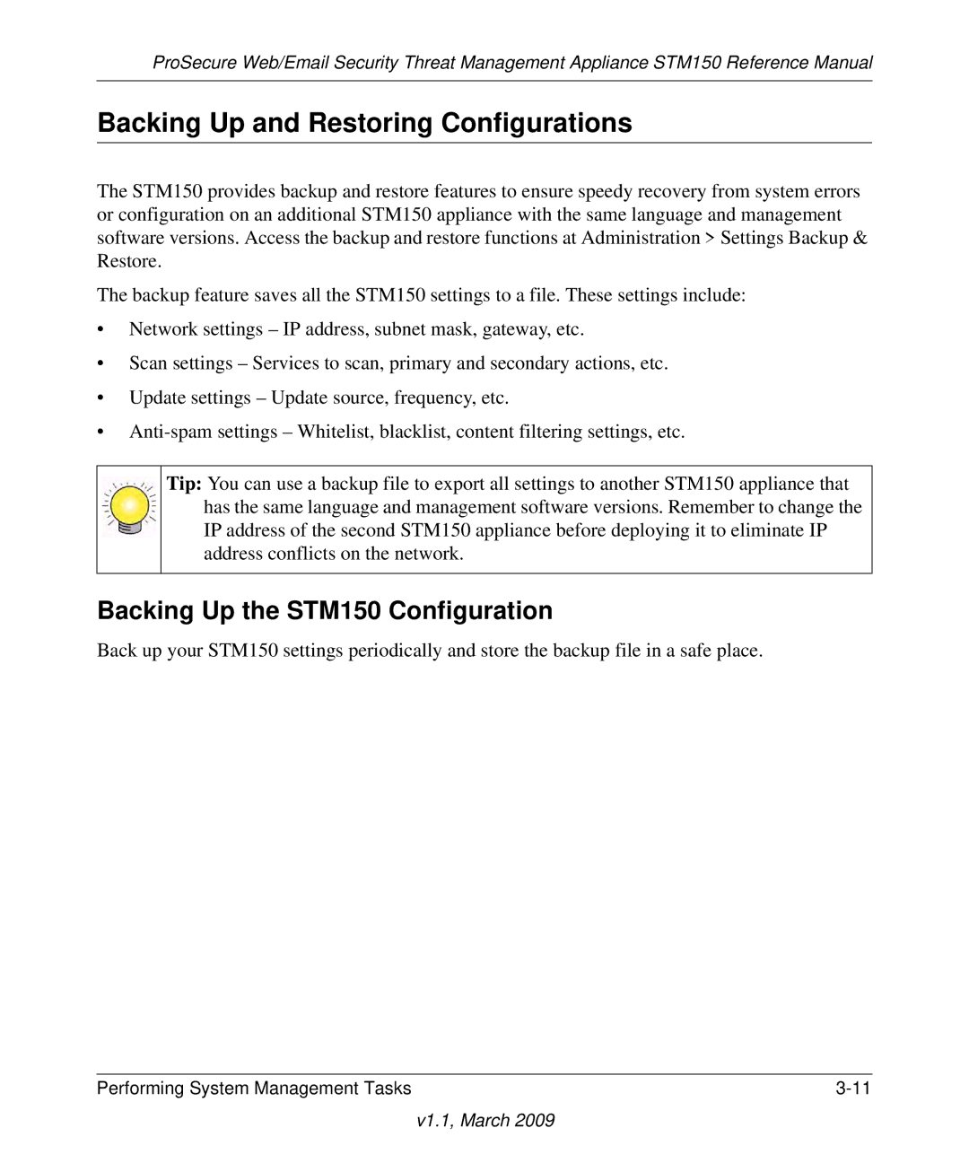 NETGEAR STM150EW3-100NAS manual Backing Up and Restoring Configurations, Backing Up the STM150 Configuration 