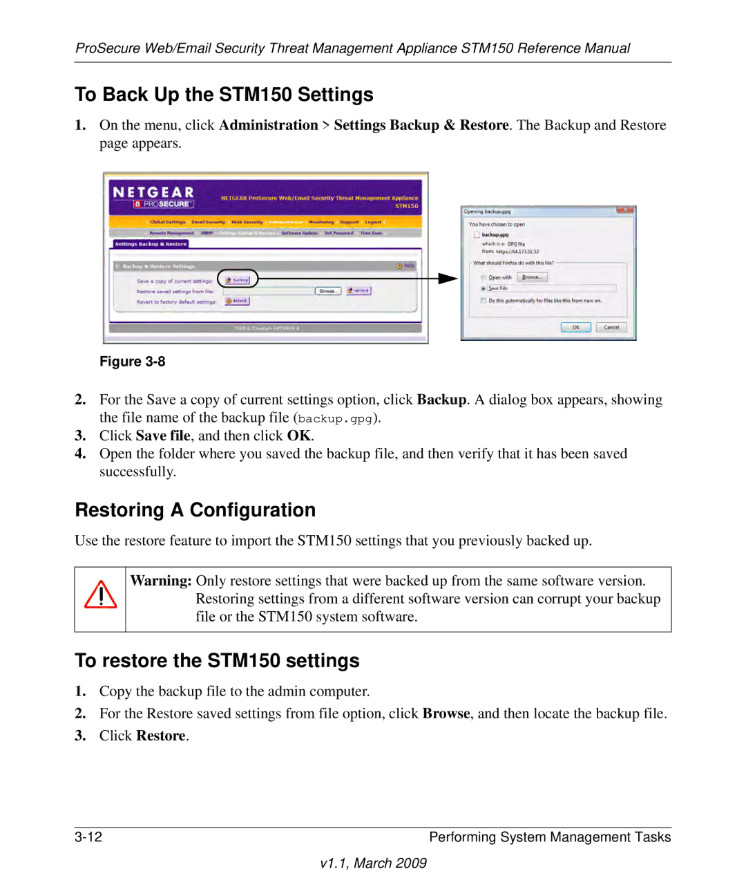 NETGEAR STM150EW3-100NAS manual To Back Up the STM150 Settings, Restoring a Configuration, To restore the STM150 settings 