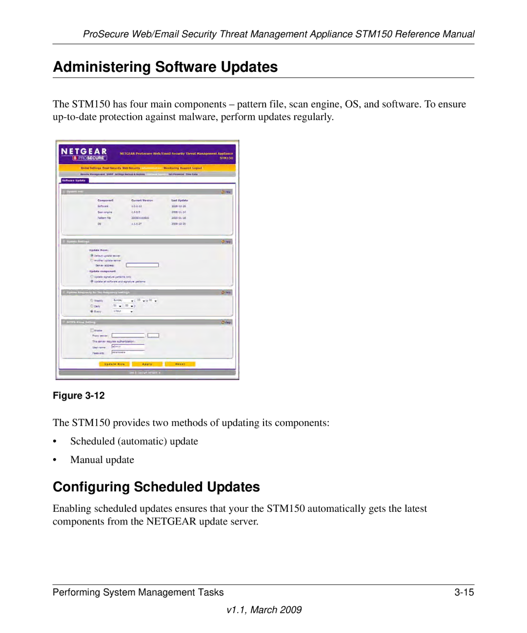 NETGEAR STM150EW3-100NAS manual Administering Software Updates, Configuring Scheduled Updates 