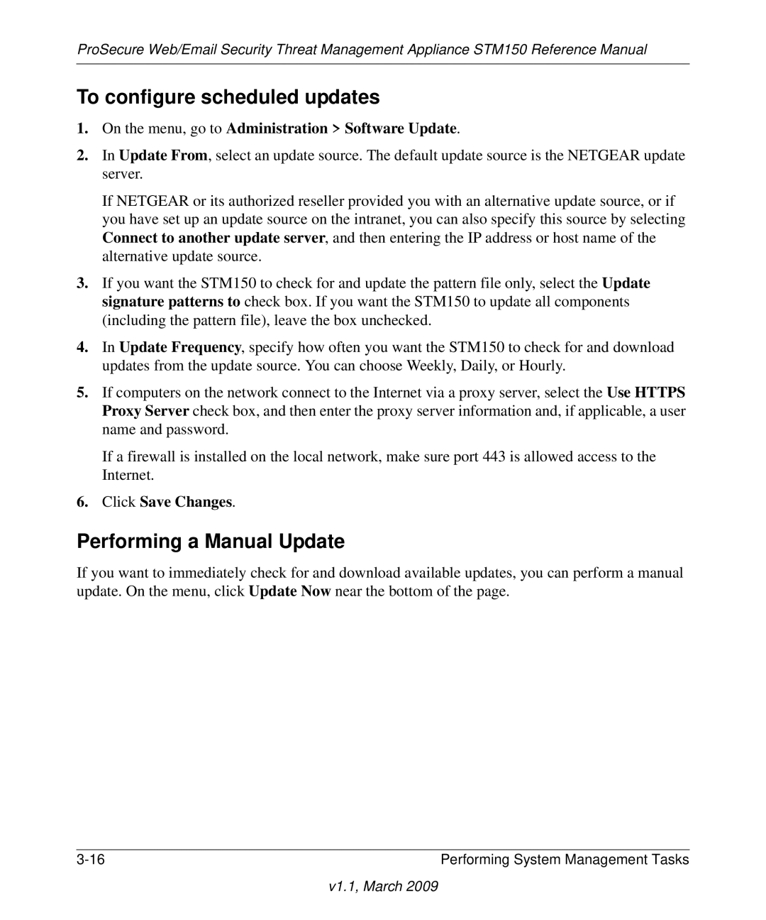 NETGEAR STM150EW3-100NAS manual To configure scheduled updates, Performing a Manual Update 