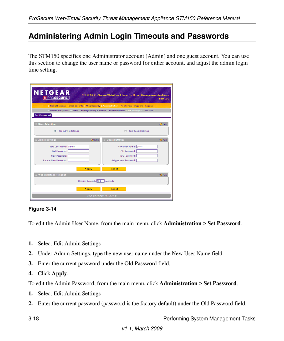 NETGEAR STM150EW3-100NAS manual Administering Admin Login Timeouts and Passwords 