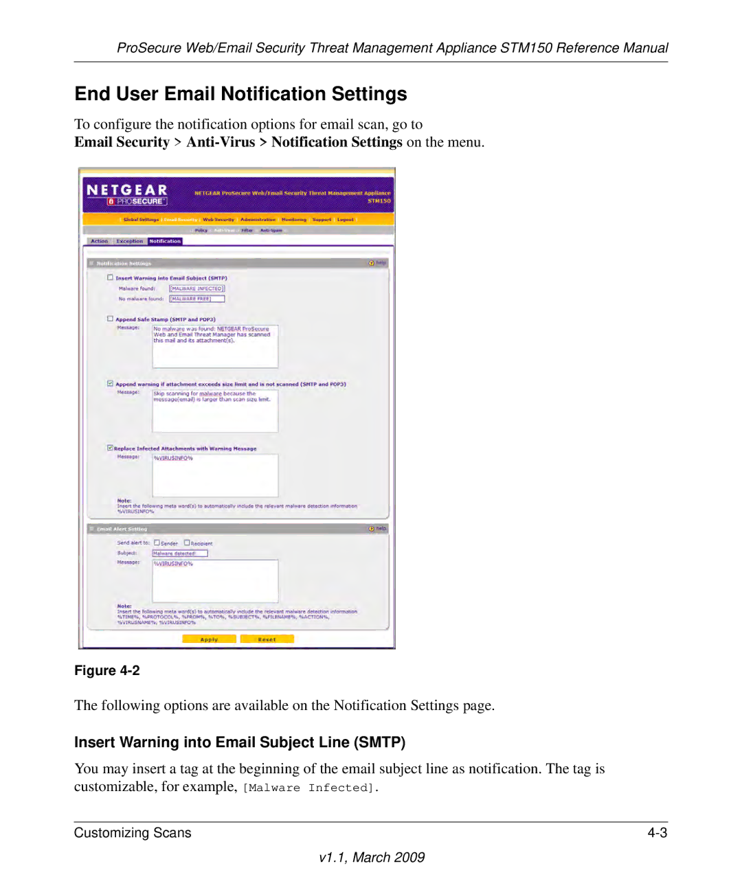 NETGEAR STM150EW3-100NAS End User Email Notification Settings, Email Security Anti-Virus Notification Settings on the menu 