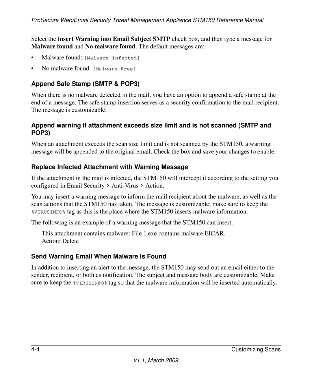 NETGEAR STM150EW3-100NAS manual Append Safe Stamp Smtp & POP3, Replace Infected Attachment with Warning Message 