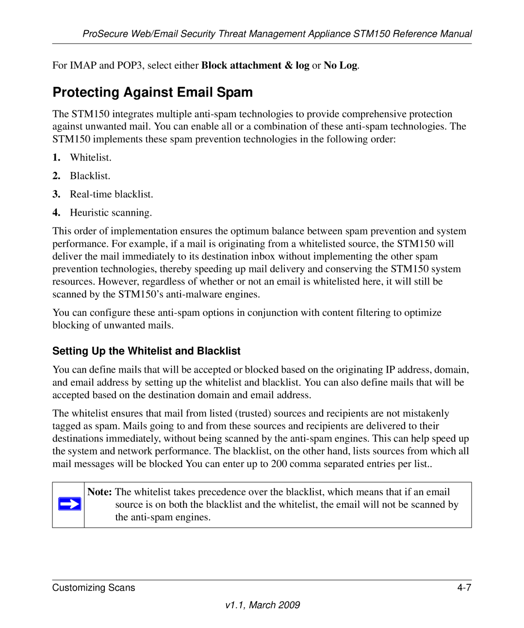 NETGEAR STM150EW3-100NAS manual Protecting Against Email Spam, Setting Up the Whitelist and Blacklist 