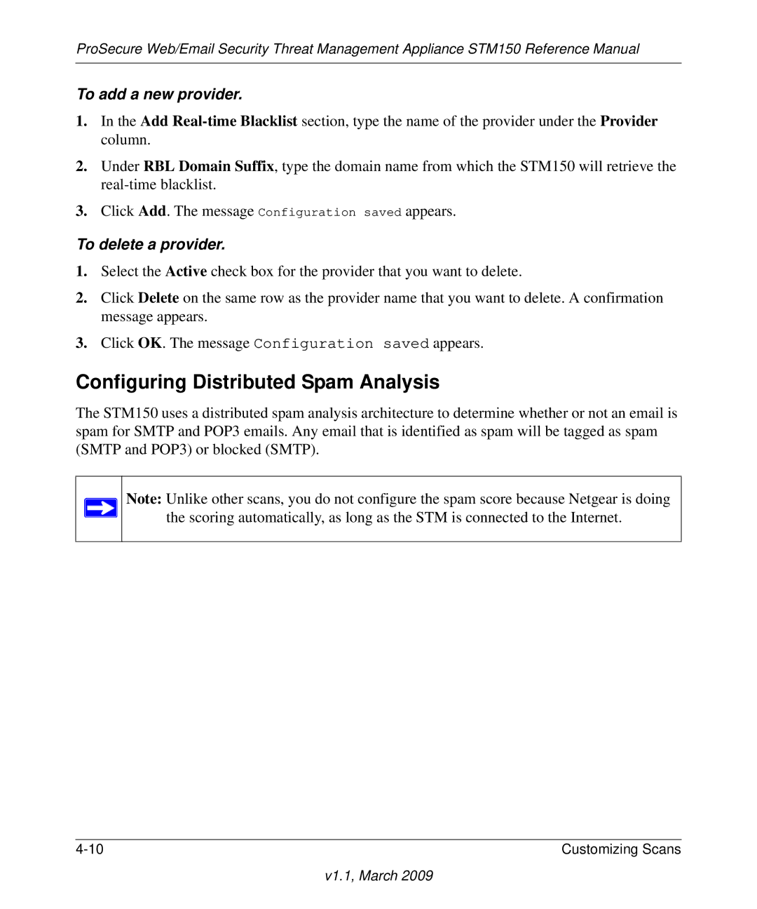 NETGEAR STM150EW3-100NAS manual Configuring Distributed Spam Analysis, To add a new provider 