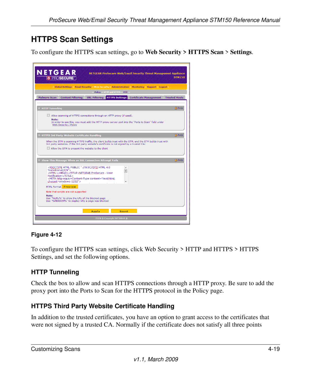 NETGEAR STM150EW3-100NAS manual Https Scan Settings, Http Tunneling, Https Third Party Website Certificate Handling 