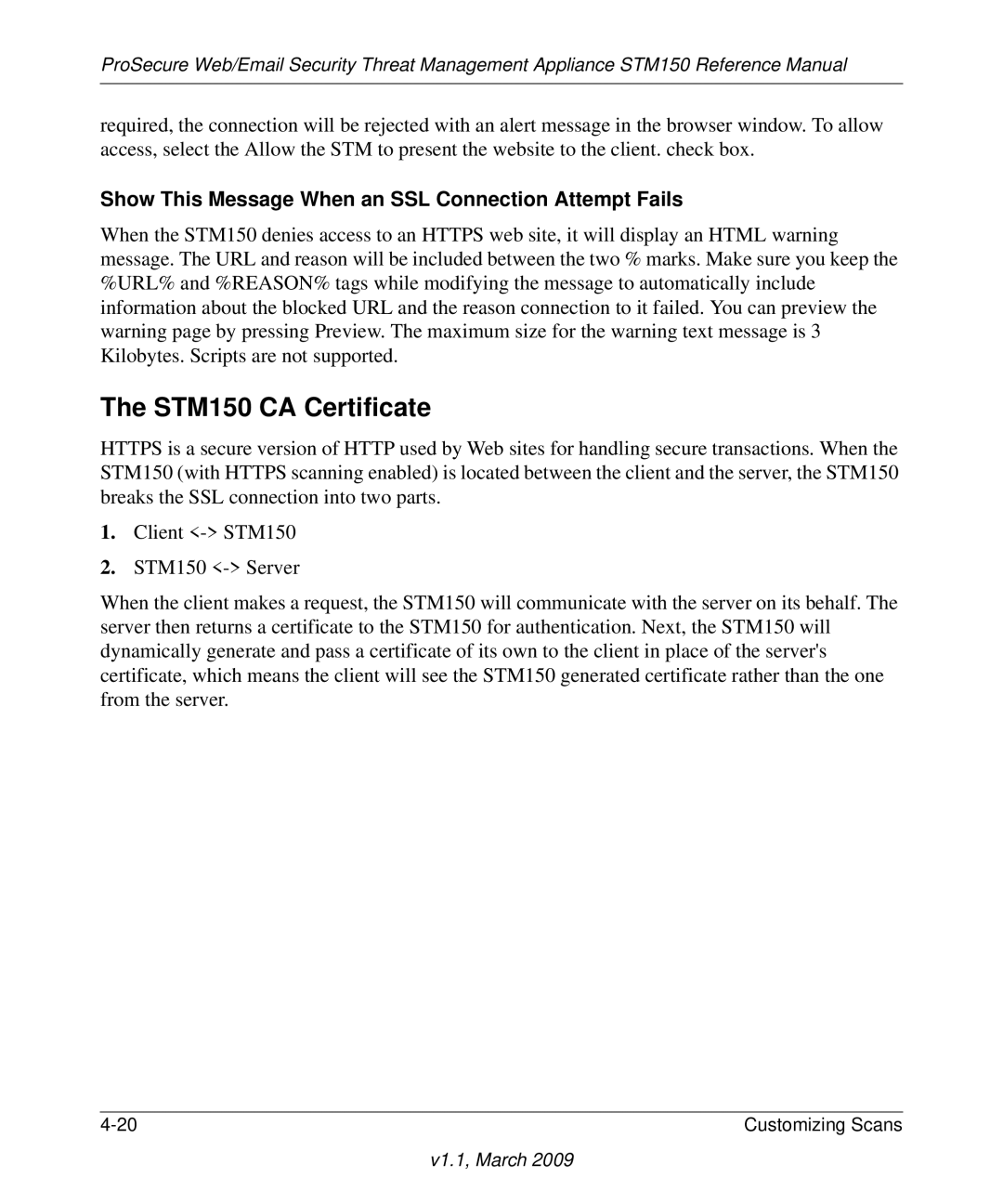 NETGEAR STM150EW3-100NAS manual STM150 CA Certificate, Show This Message When an SSL Connection Attempt Fails 