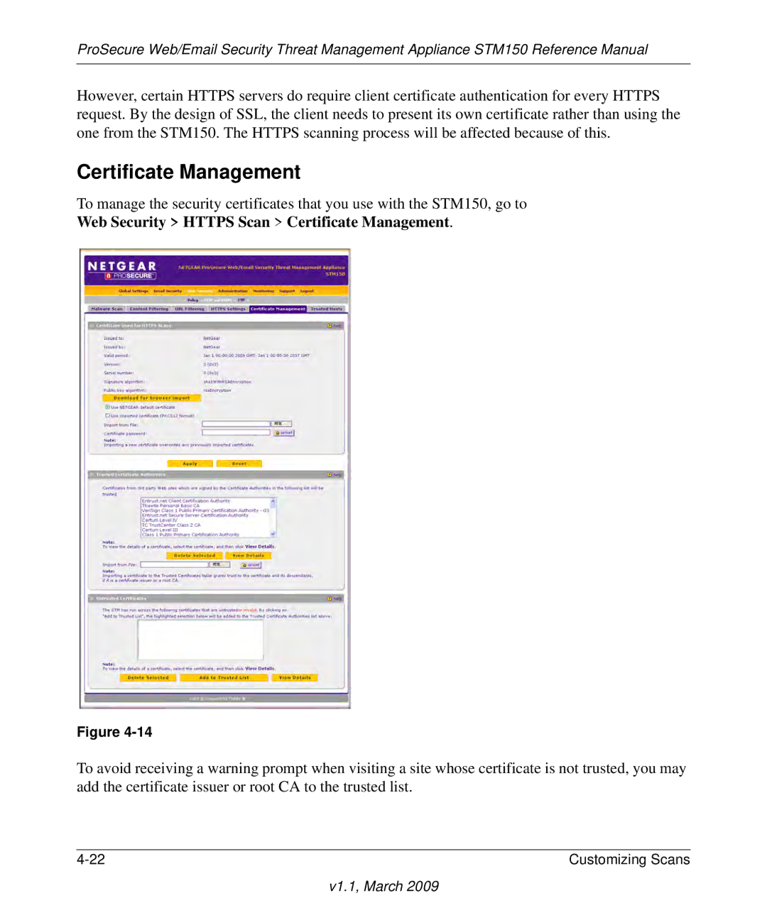 NETGEAR STM150EW3-100NAS manual Web Security Https Scan Certificate Management 