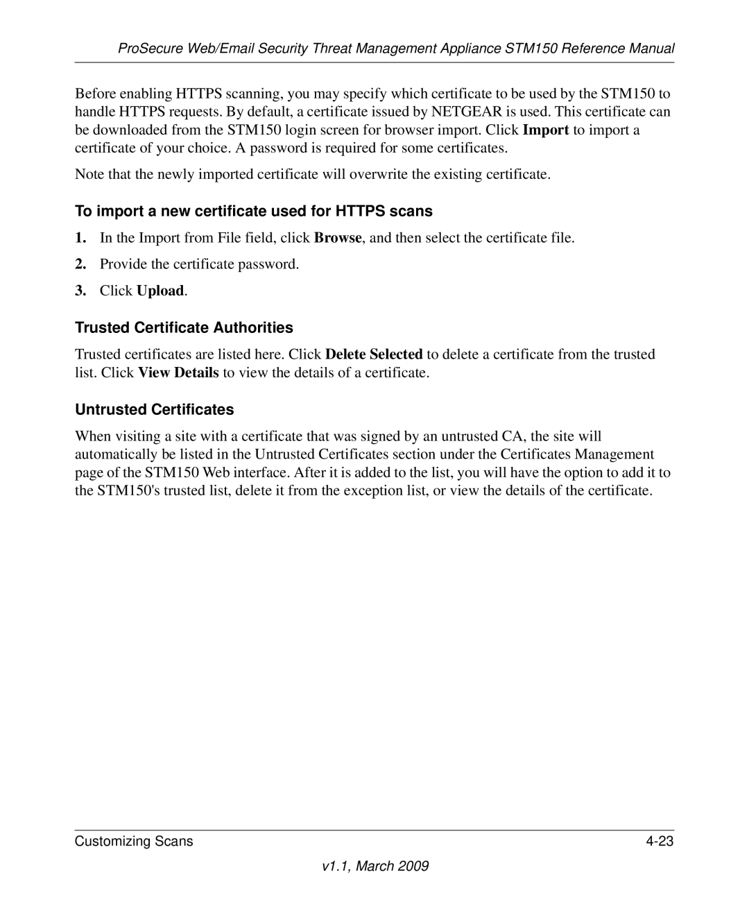 NETGEAR STM150EW3-100NAS manual To import a new certificate used for Https scans, Trusted Certificate Authorities 