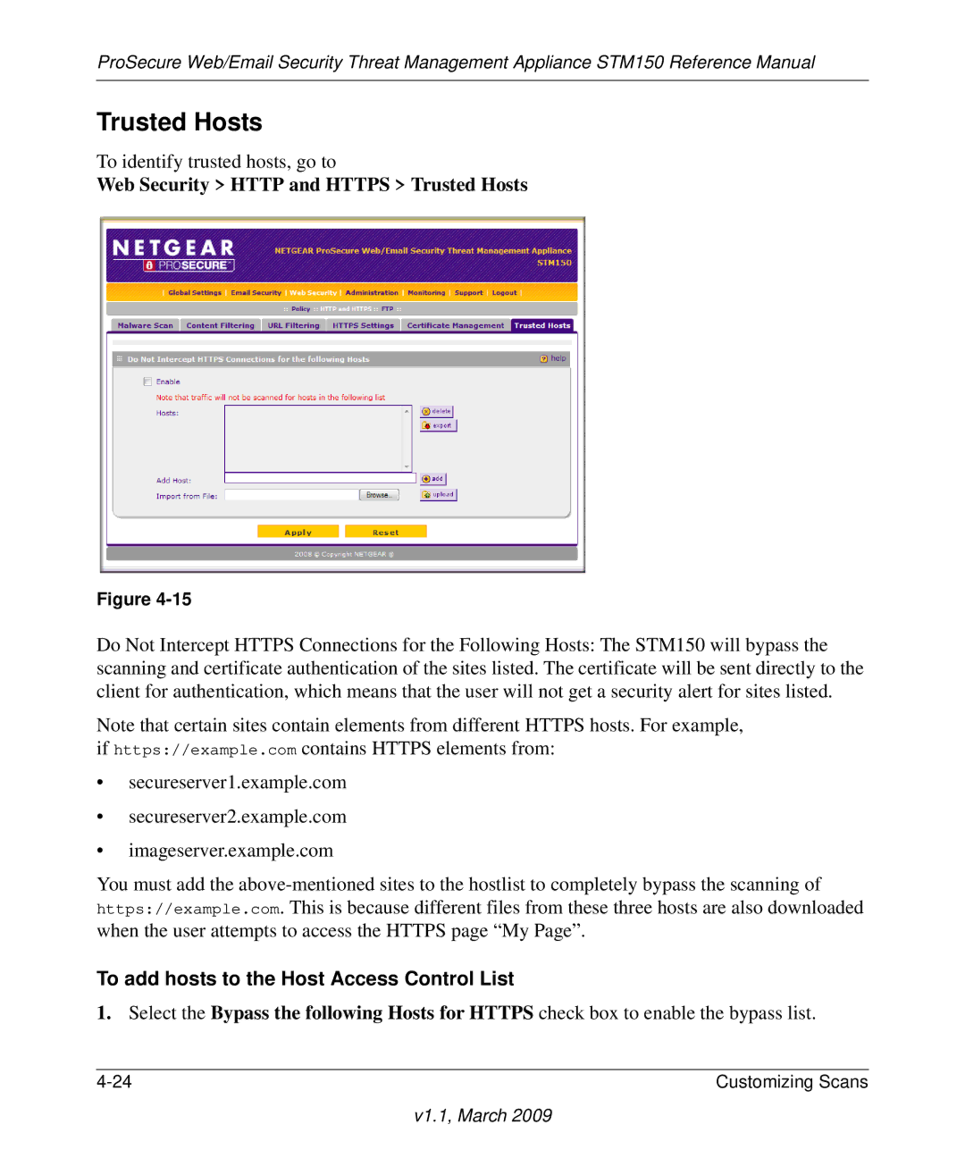 NETGEAR STM150EW3-100NAS manual Web Security Http and Https Trusted Hosts, To add hosts to the Host Access Control List 