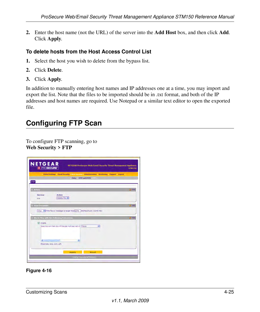 NETGEAR STM150EW3-100NAS manual Configuring FTP Scan, To delete hosts from the Host Access Control List, Web Security FTP 