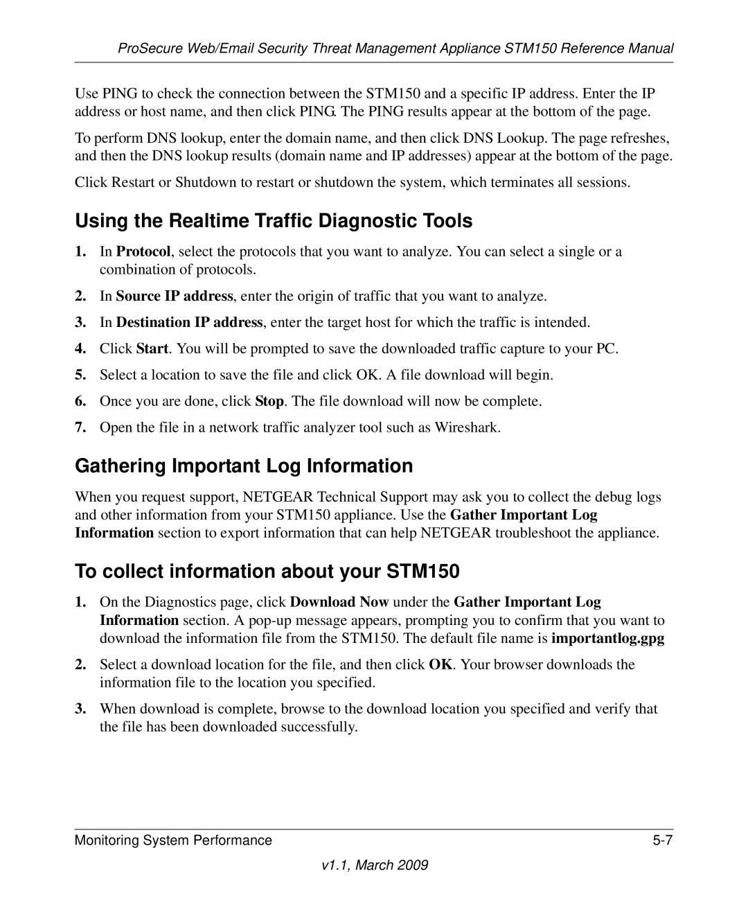 NETGEAR STM150EW3-100NAS manual Using the Realtime Traffic Diagnostic Tools, Gathering Important Log Information 