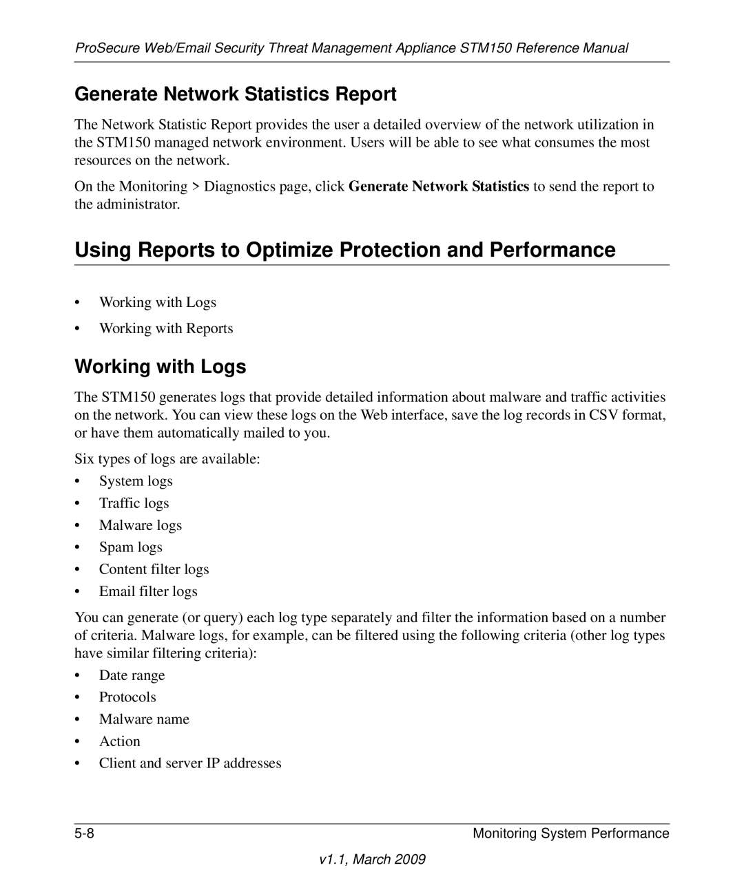 NETGEAR STM150EW3-100NAS manual Using Reports to Optimize Protection and Performance, Generate Network Statistics Report 