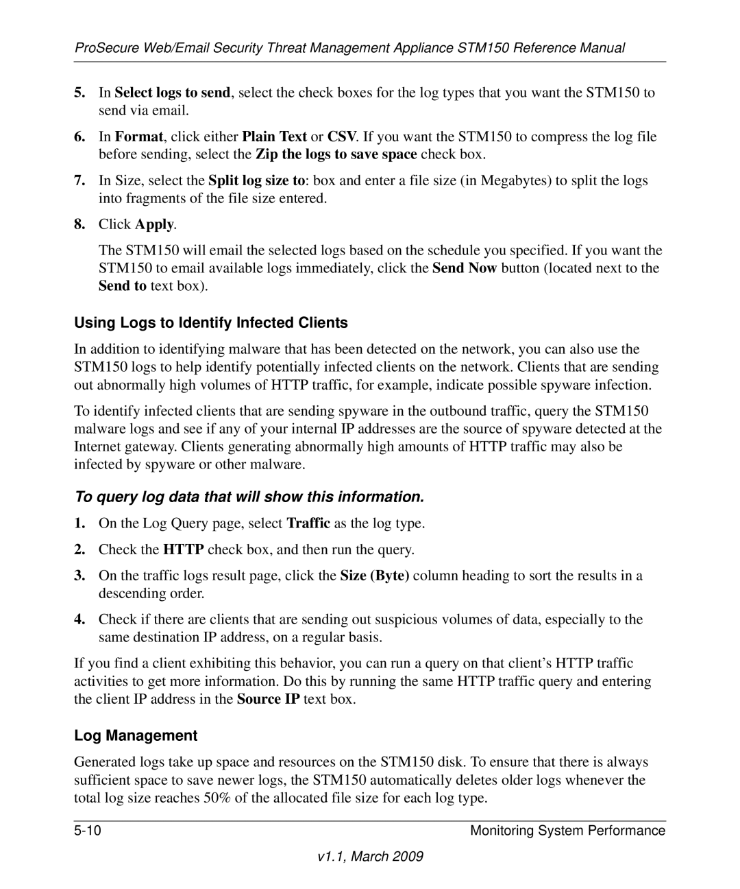 NETGEAR STM150EW3-100NAS manual Using Logs to Identify Infected Clients, Log Management 