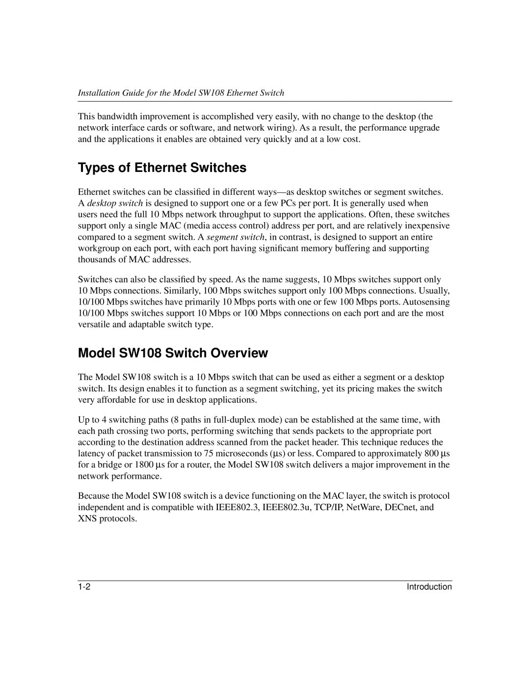 NETGEAR manual Types of Ethernet Switches, Model SW108 Switch Overview 