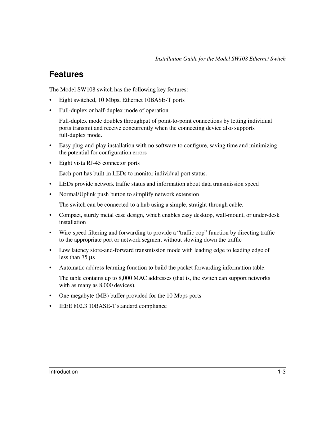 NETGEAR SW108 manual Features 