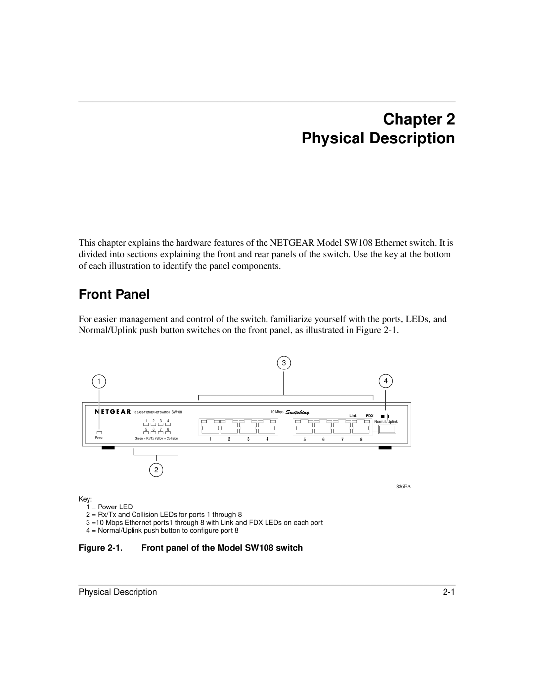 NETGEAR SW108 manual Chapter Physical Description, Front Panel 