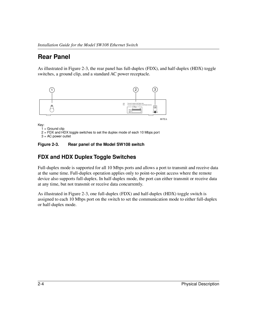 NETGEAR SW108 manual Rear Panel, FDX and HDX Duplex Toggle Switches 