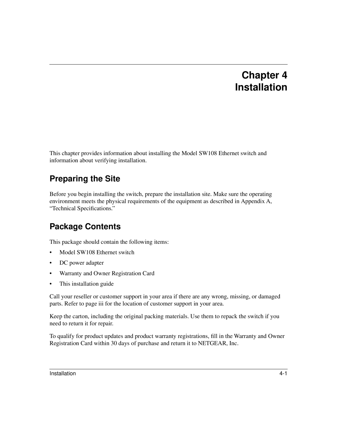 NETGEAR SW108 manual Chapter Installation, Preparing the Site, Package Contents 