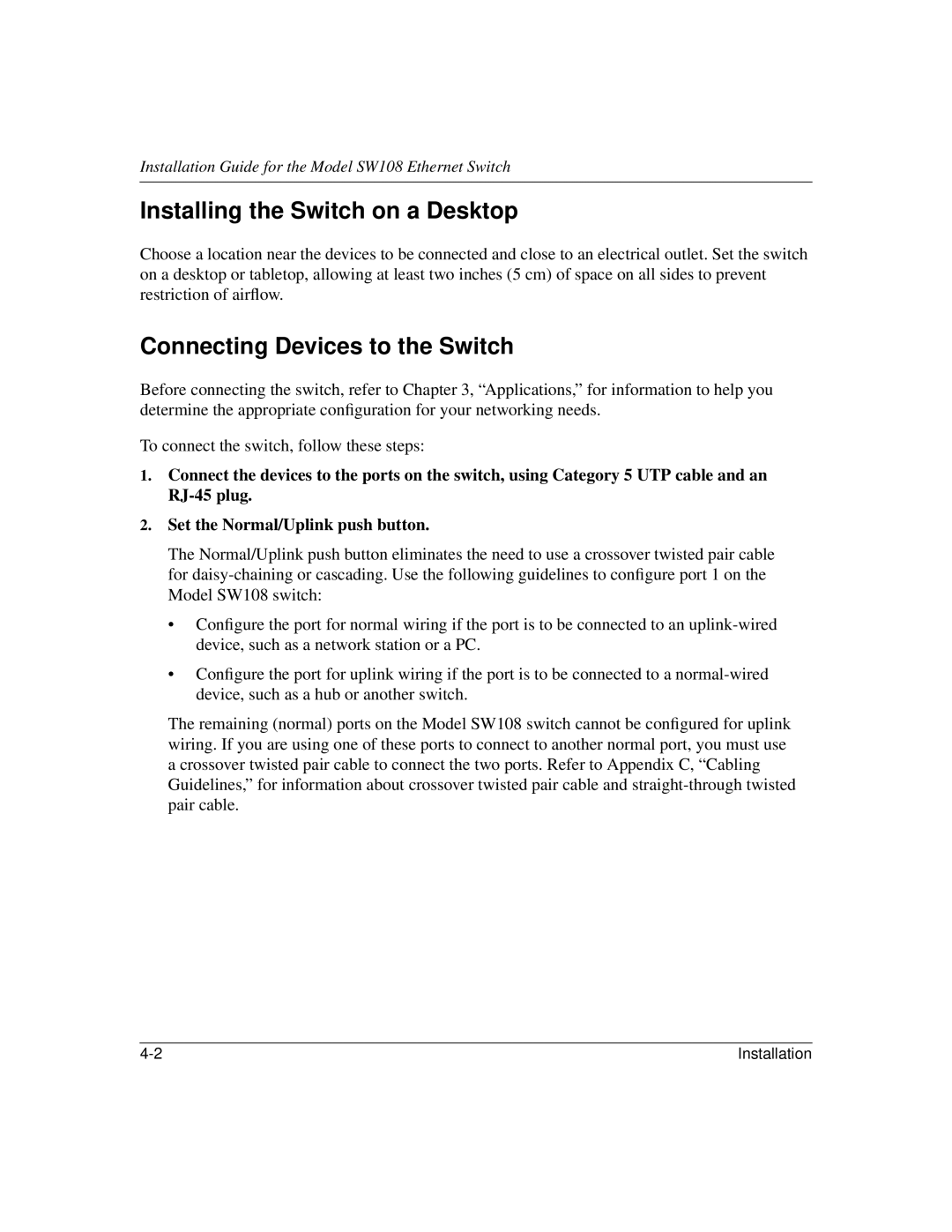 NETGEAR SW108 manual Installing the Switch on a Desktop, Connecting Devices to the Switch 