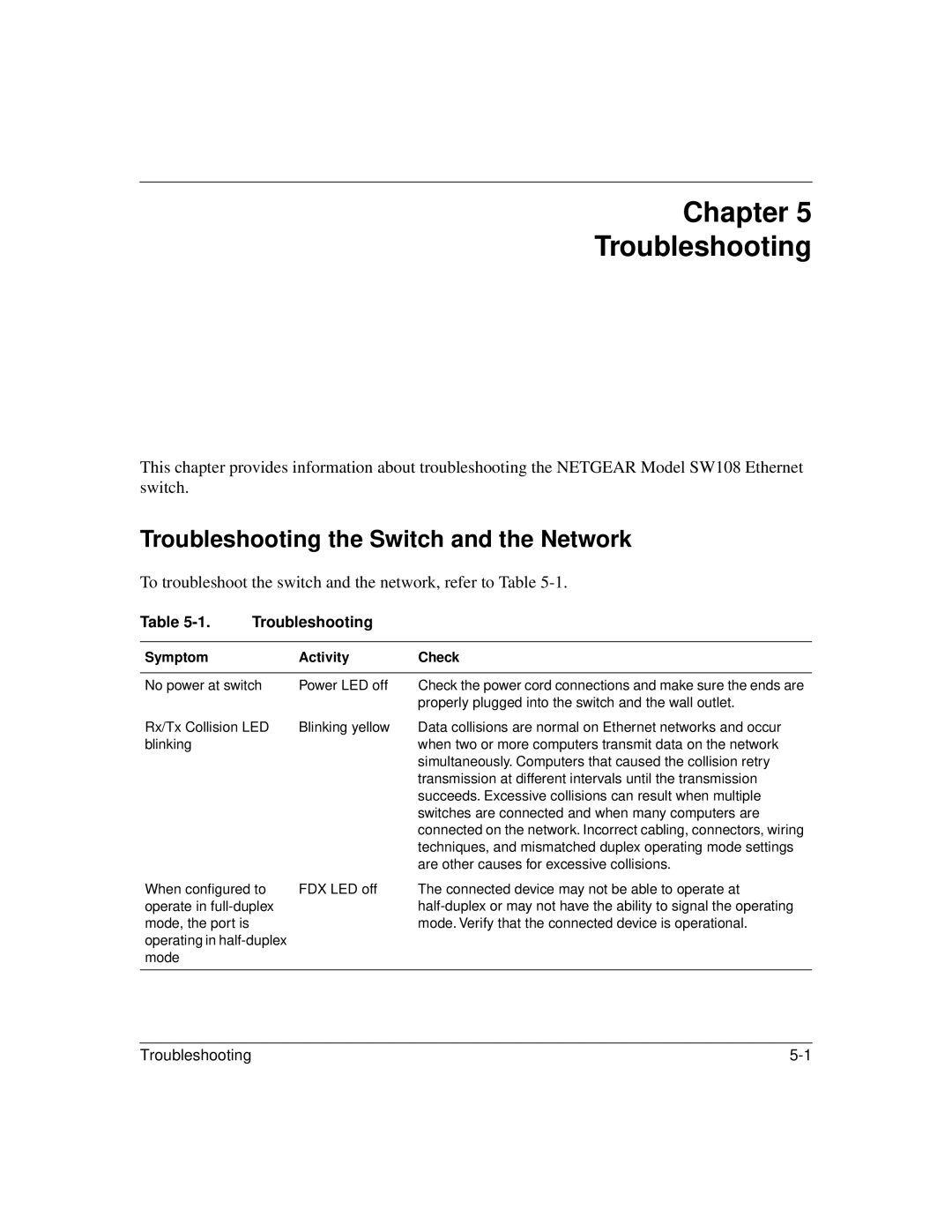 NETGEAR SW108 manual Chapter Troubleshooting, Troubleshooting the Switch and the Network 