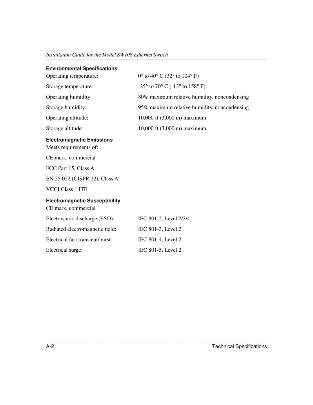 NETGEAR SW108 manual Environmental Speciﬁcations 