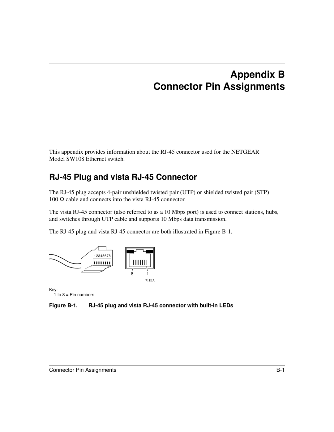 NETGEAR SW108 manual Appendix B Connector Pin Assignments, RJ-45 Plug and vista RJ-45 Connector 