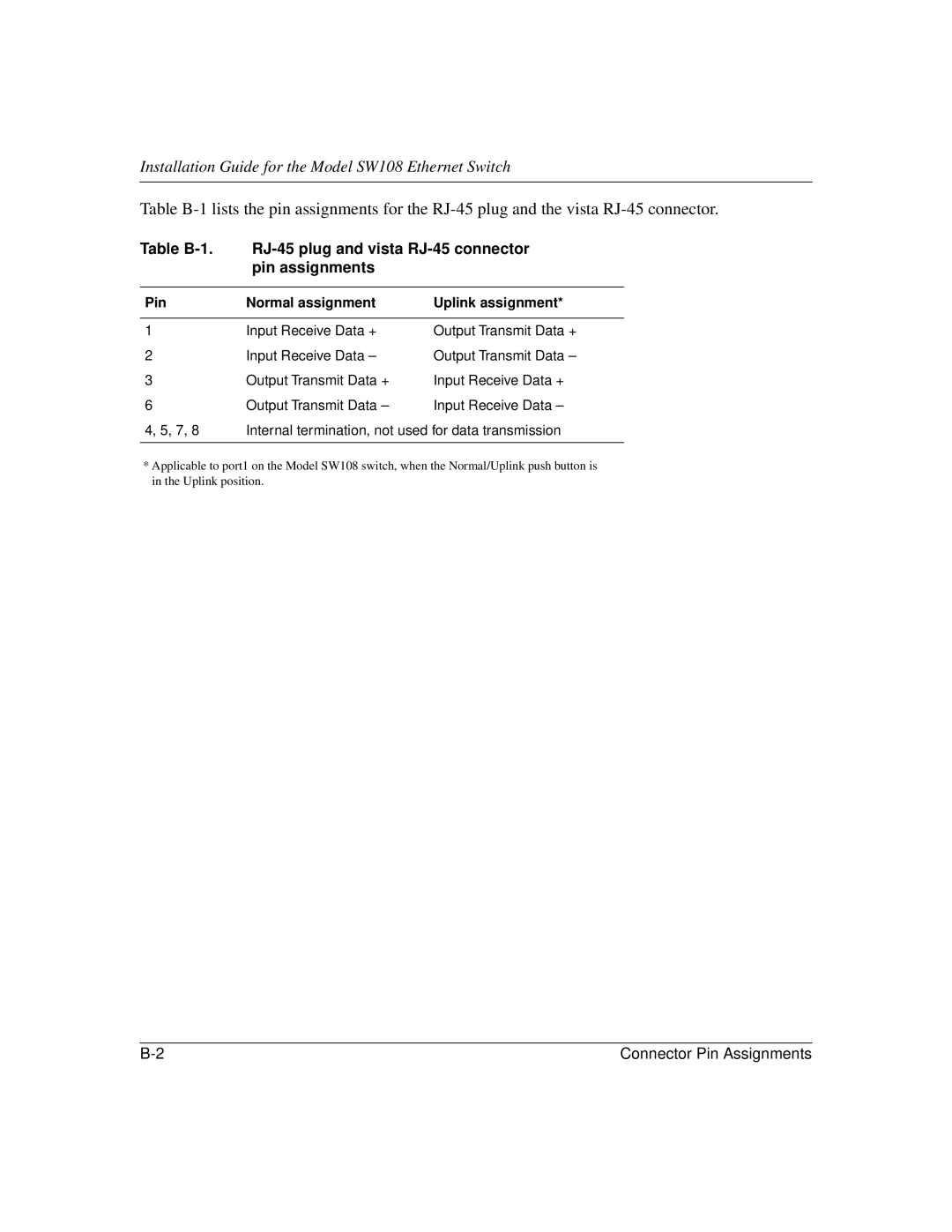 NETGEAR SW108 manual Pin Normal assignment Uplink assignment 