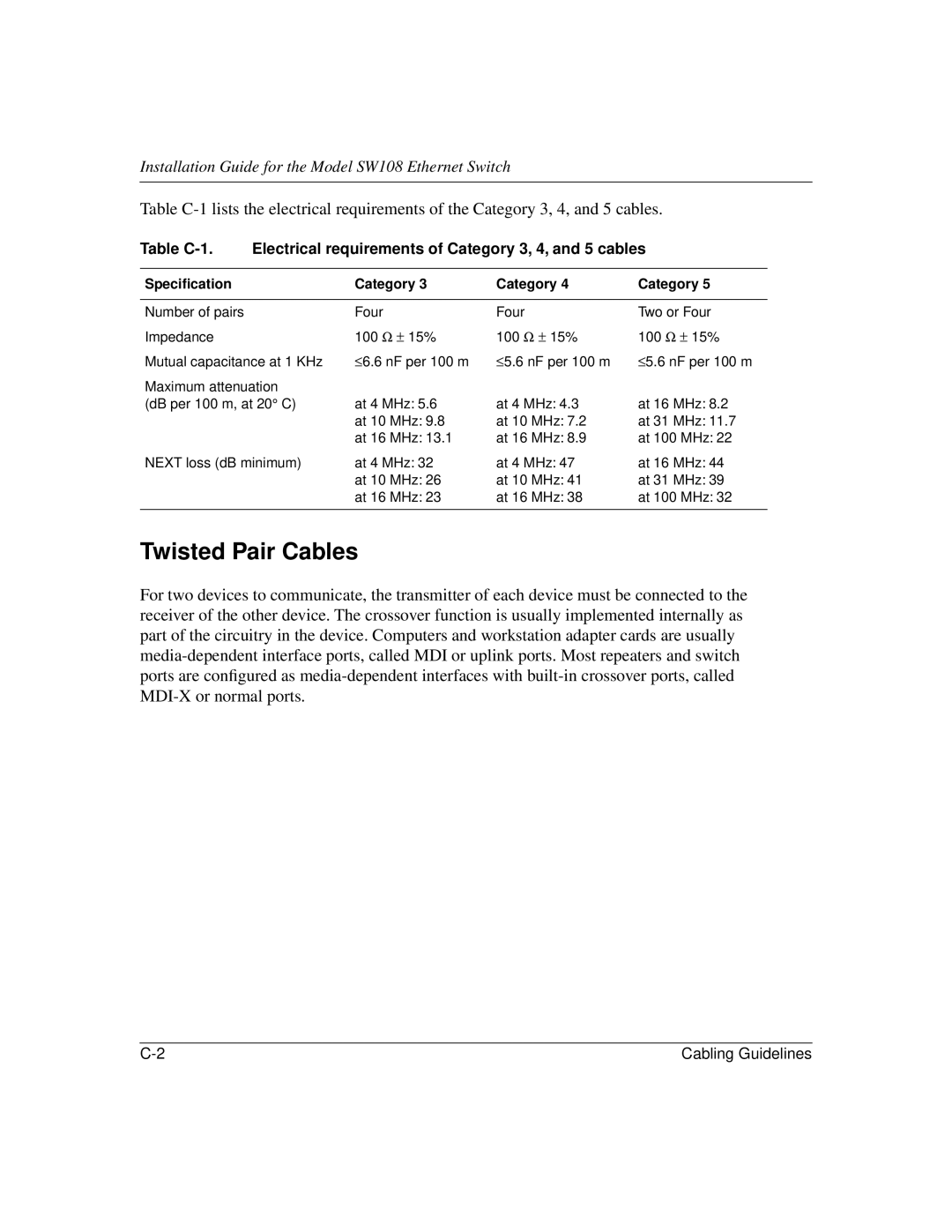NETGEAR SW108 manual Twisted Pair Cables, Speciﬁcation Category 