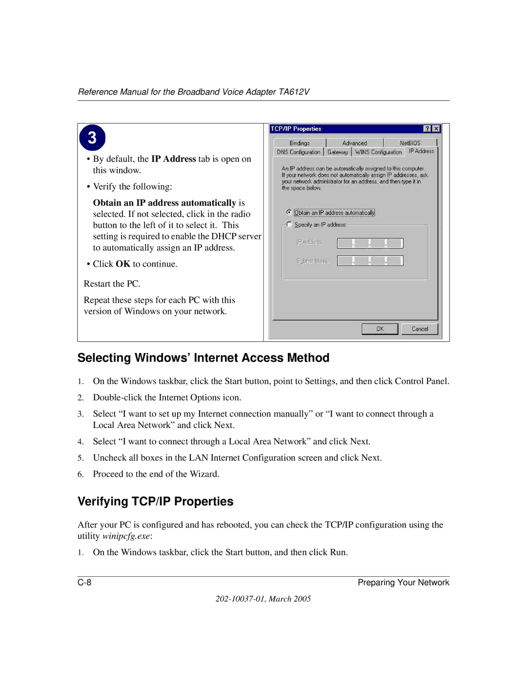 NETGEAR TA612V manual Selecting Windows’ Internet Access Method, Verifying TCP/IP Properties 