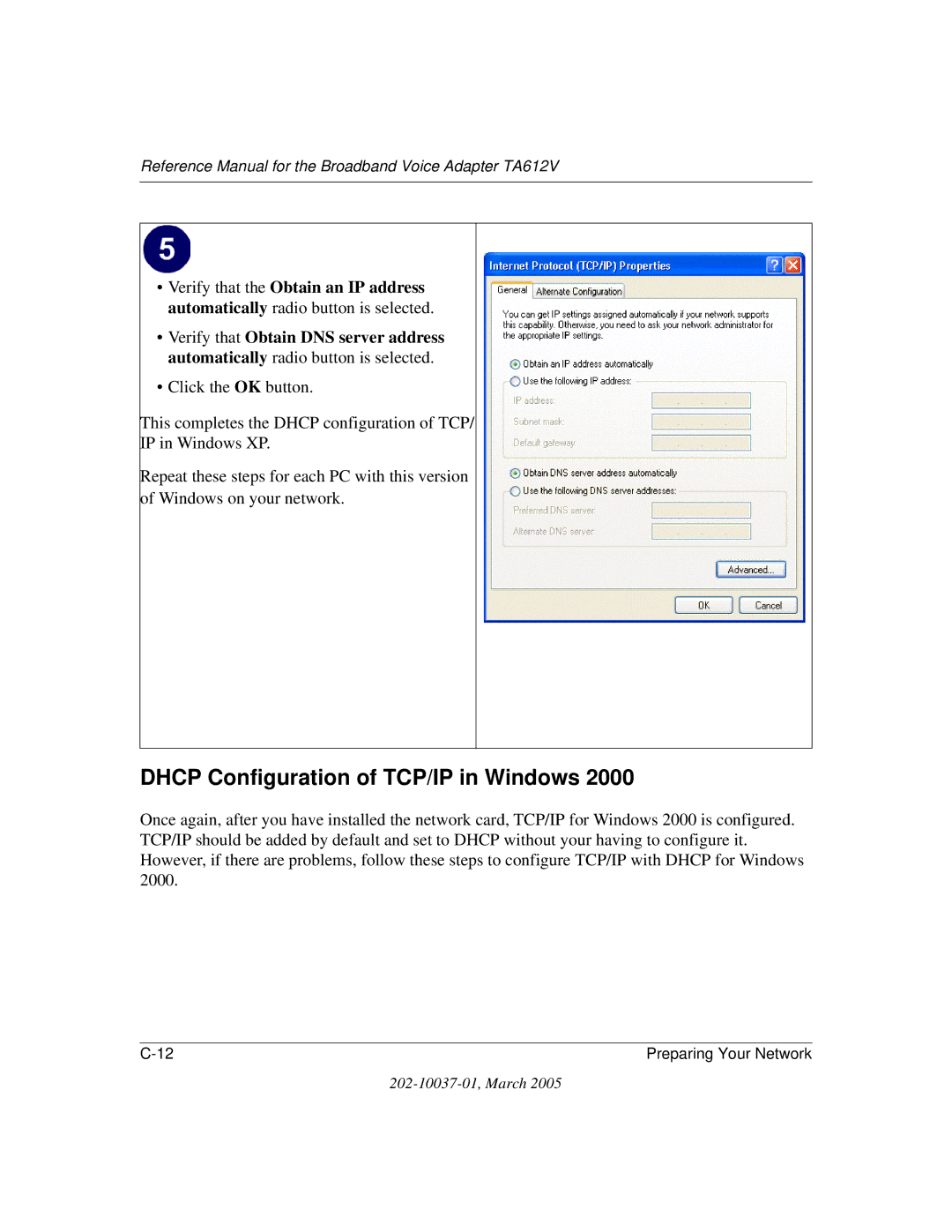 NETGEAR TA612V manual Dhcp Configuration of TCP/IP in Windows 