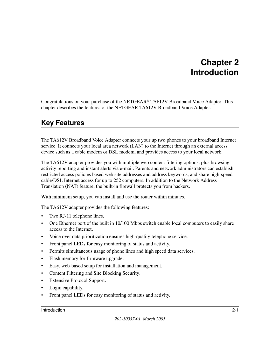 NETGEAR TA612V manual Chapter Introduction, Key Features 