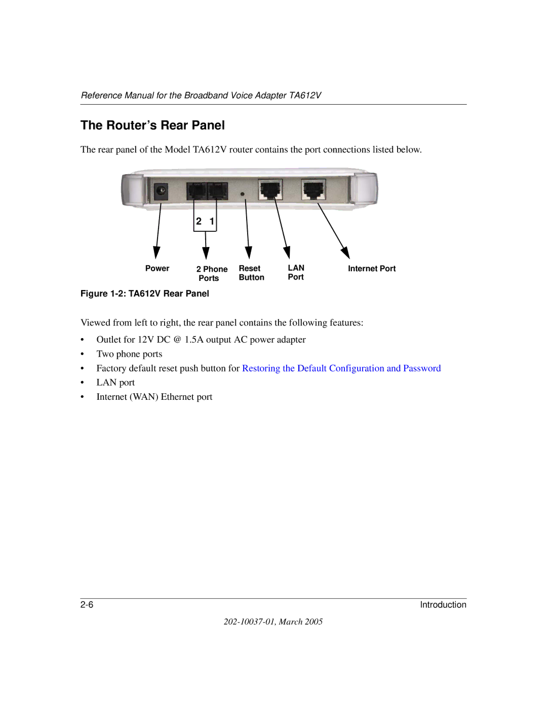 NETGEAR manual Router’s Rear Panel, TA612V Rear Panel 