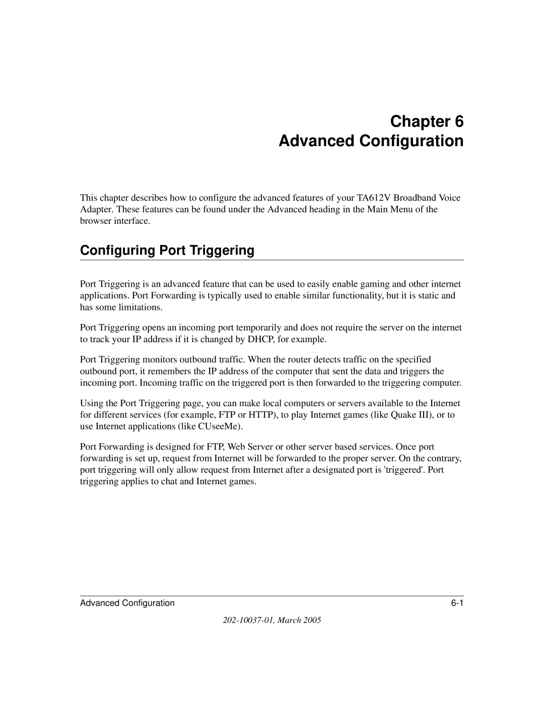 NETGEAR TA612V manual Chapter Advanced Configuration, Configuring Port Triggering 