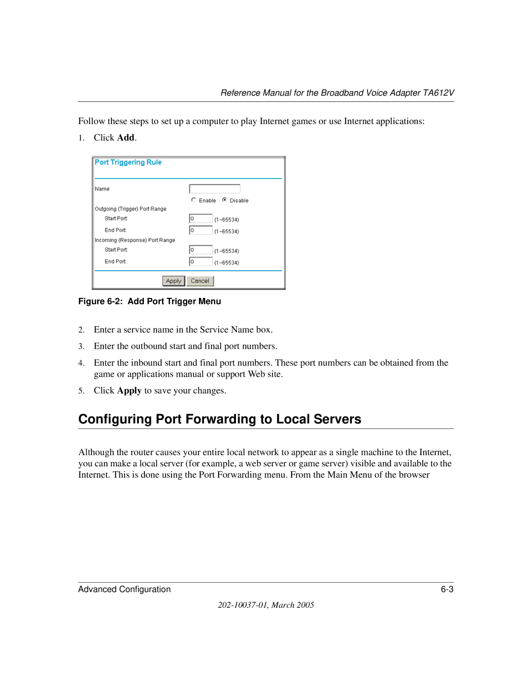 NETGEAR TA612V manual Configuring Port Forwarding to Local Servers, Add Port Trigger Menu 