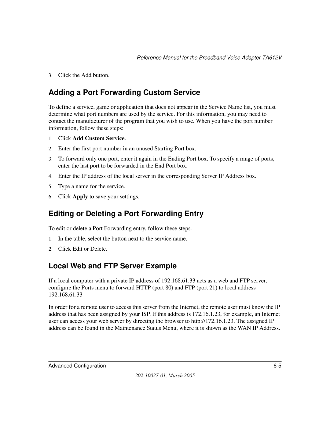 NETGEAR TA612V manual Adding a Port Forwarding Custom Service, Editing or Deleting a Port Forwarding Entry 