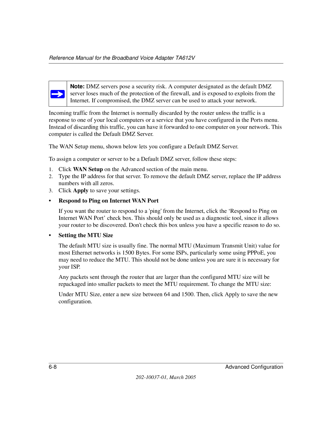 NETGEAR TA612V manual Respond to Ping on Internet WAN Port, Setting the MTU Size 