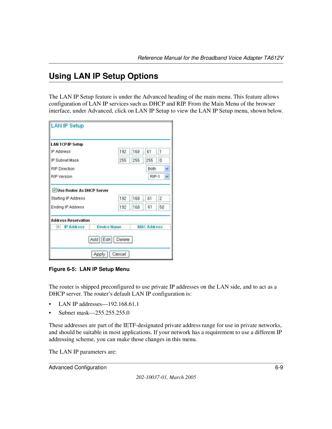 NETGEAR TA612V manual Using LAN IP Setup Options, LAN IP Setup Menu 