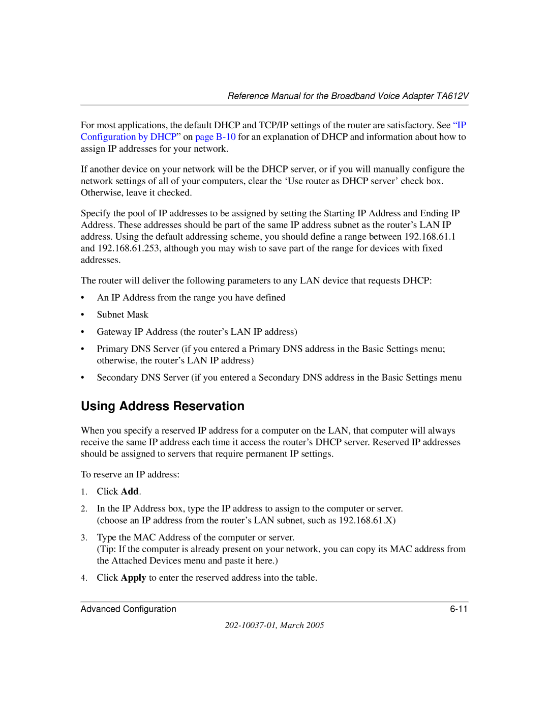 NETGEAR TA612V manual Using Address Reservation 