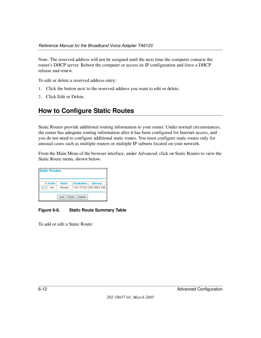 NETGEAR TA612V manual How to Configure Static Routes, To add or edit a Static Route 