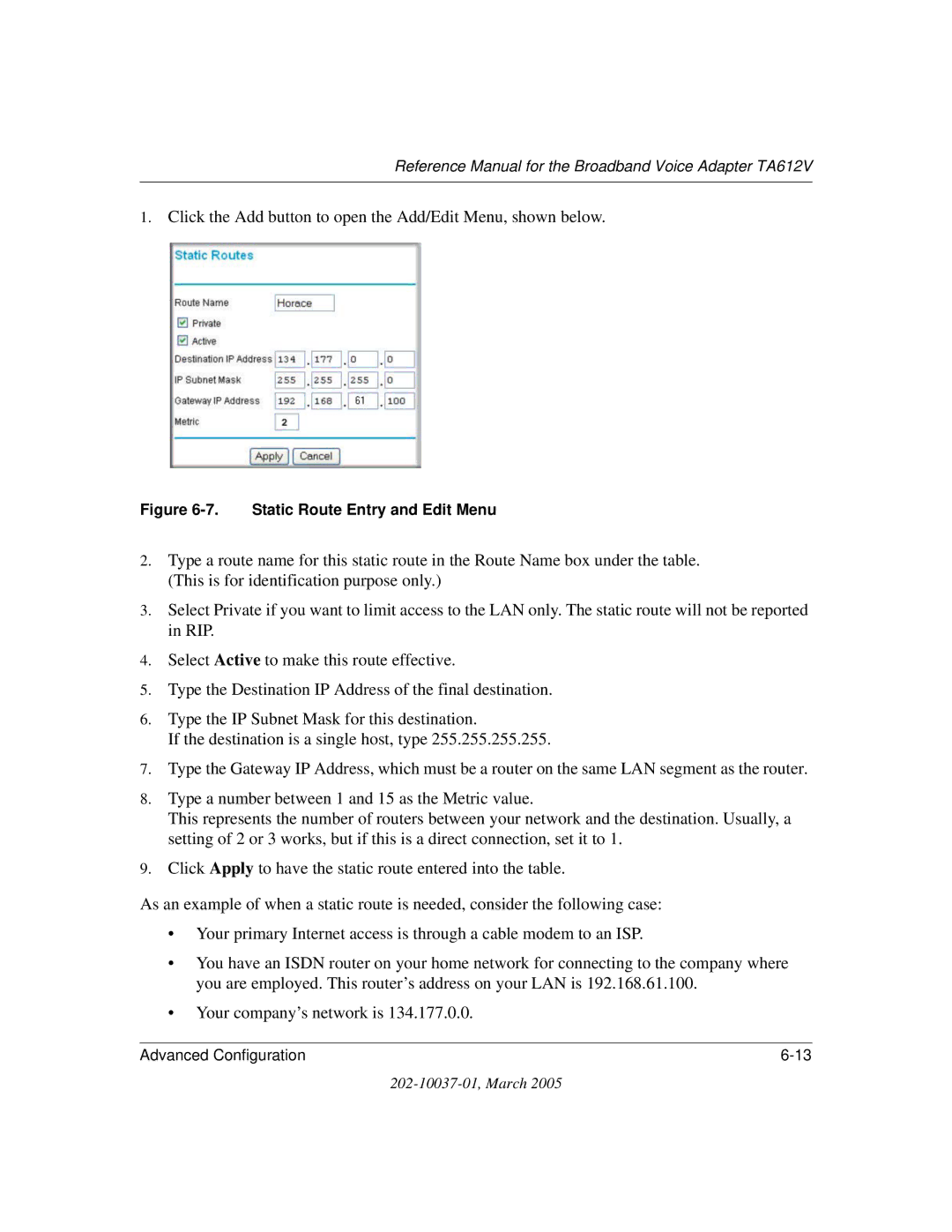 NETGEAR TA612V manual Click the Add button to open the Add/Edit Menu, shown below 